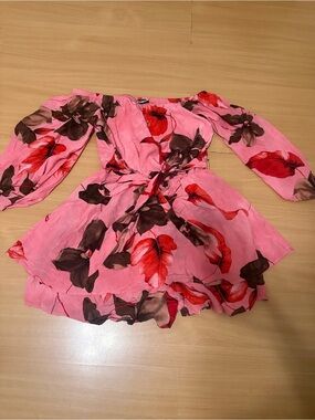 Express Pink Floral Off-Shoulder Dress with Red & Brown Print